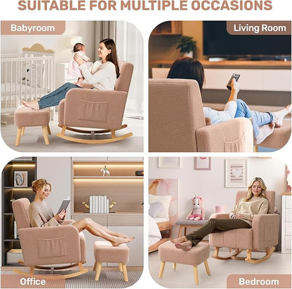 Rocking Chair with Ottoman, Upholstered Glider Rocker with High Backrest and Side Pocket, Comfy Reading Chair with Solid Wood Legs for Nursery, Living Room,Bedroom Coffee