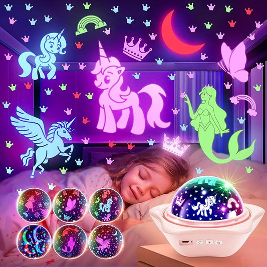 Onefire Girl Gifts, 6 Films Light Projector Unicorn Toys for Girls Age 4-6,Rechargeable Night Lights for Bedroom,360° Rotating Butterfly Lamp for Room Decor,Mermaid Princess Toddler Toys Toddler Gifts