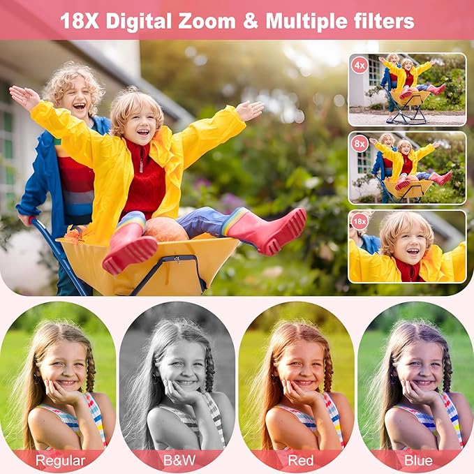 Digital Camera, 4K 64MP, 18X Zoom, Point and Shoot Digital Camera with 64GB TF Card & 2 Batteries, Portable Rechargeable Small Camera for Kids Teens Adult, Purple