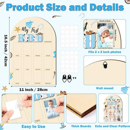 R HORSE 3D My First Rodeo Birthday Wood Photo Display Board, Blue Cowboy Baby's First Year Picture Frame, 1-12 Months Milestone Board Birthday Decorations Keepsake Gift for Baby Boys Nursery Decor