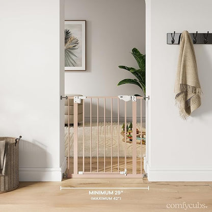 Comfy Cubs Baby Safety Gate with 3 Extensions - Adjustable 42" x 1.9" x 30" Q195 Steel Doorway Barrier - Powder-Coated Finish for Stairs and Doorways - Walk-Through Design Pet Gate - Blush
