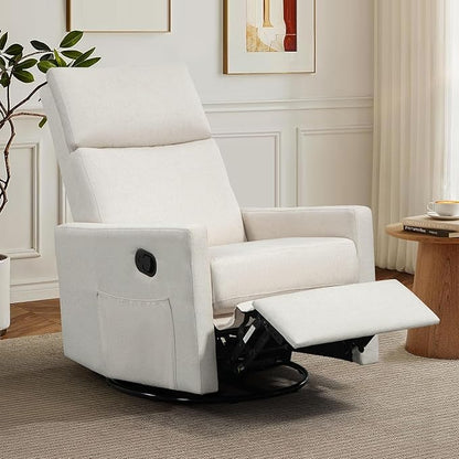 Swivel Rocker Recliner Chair, Upholstered Fabric Nursery Rocking Glider Chair with Adjustable Backrest and Footrest, Lay Flat Recliner Single Lazy Sofa for Living Room(Beige)