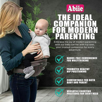 Abiie HUGGS 3-in-1 Baby Carrier with Hip Seat - Front Facing, Hip Hugger, Back Baby Carrier - Healthy Sitting (M) Position, 3 Mos.-Toddler - Buckle Type Closure - Approved by US Safety Standards