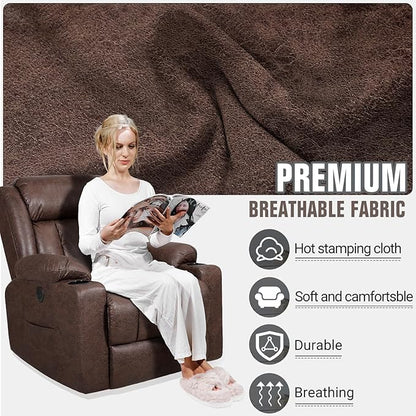 Retro Rocking Recliner Chair, Massage Rocker Recliner Chair with Vibration Massage and Heat, USB and Type-C Ports,360° Swivel Chairs,Living Room, Bedroom, Nursery, RV, Brown