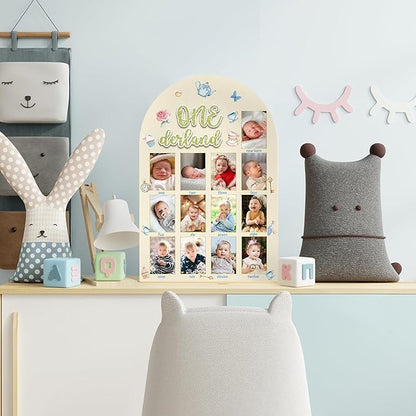 R HORSE My First Year Photo Frame Board, 3D Onederland Tea Party Birthday Decorations Display Wood Board, Baby First Year Picture Frame 12 Months Milestone 1st Birthday Nursery Decor Gift for Girl