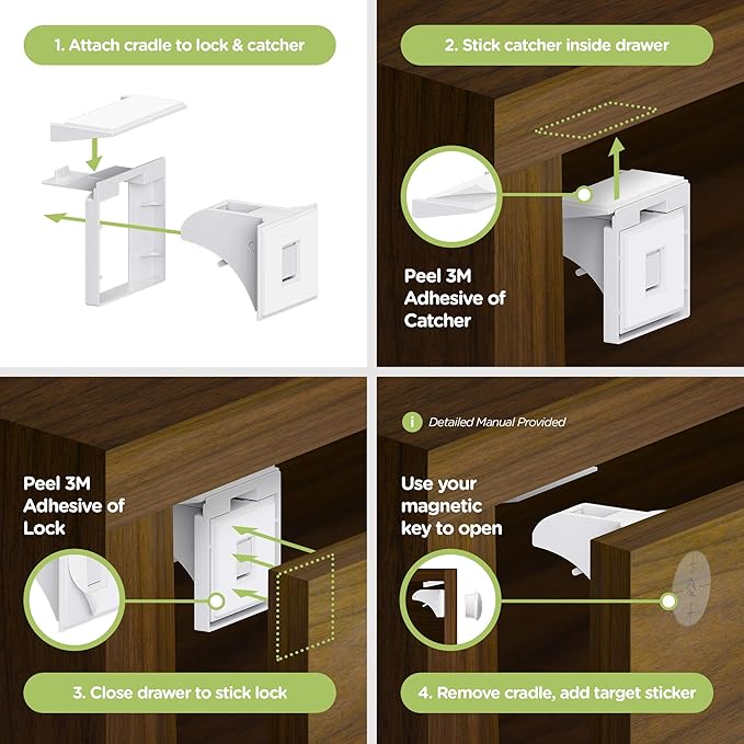 SKYLA HOMES Magnetic Cabinet Locks Baby Proofing Child Safety - The Safest Quickest and Easiest Multi-Purpose 3M Adhesive Child Proof Latches, No Screws or Tools Needed (4 Pack)