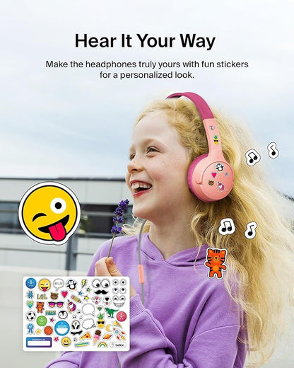 Belkin SoundForm Mini Kids Wired Headphones w/USB C to 3.5mm Dongle, Built-in Mic & Fun Stickers, 85dB Max Volume – for Online Learning, Travel, Compatible w/iPhone 16, iPad, Galaxy S25, etc - Pink