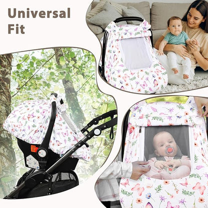Pea Pod Car Seat Cover Baby, Infant Car Seat Canopy Covers with 2 Layers Windows of Breathable Mesh Fabric, Lightweight Polyester, Soft Minky Dot Backing (Butterfly Pattern)