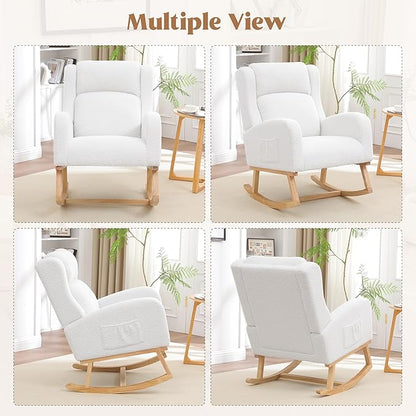 Rocking Chair Nursery, Nursing Rocking Chairs for Mom Nursery, Comfy Wingback Glider Rocking Armchair with Side Pocket for Nursery Living Room Bedroom, Teddy White
