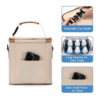 Breastmilk Cooler Bag with Ice Pack Fits 6 Baby Bottles Up to 9 Ounce, Baby Bottle Bag with Shoulder Strap for Nursing Mom Daycare, Cream