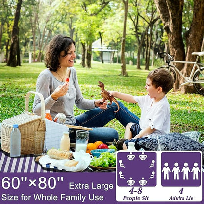 60”x 80” Picnic Blanket Waterproof and Foldable Beach Blanket, 5-Layer Outdoor Mat with Carry Strap for 6 to 8 Adults, for Camping, Park, Beach, Grass, Indoors…