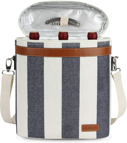Zormy 3 Bottle Insulated Wine Tote Cooler Bag, Portable Carrier with Corkscrew Opener and Shoulder Strap for Beach Travel Picnic, Unique Carrier
