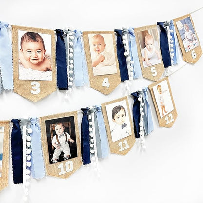 pinkblume 1st Birthday Burlap Photo Banner Garland Handmade Felt from Newborn to 12 Months with Dusty Blue Gray Ribbon for Baby Boy Girl Monthly Milestones First Birthday Party Decoration Supplies