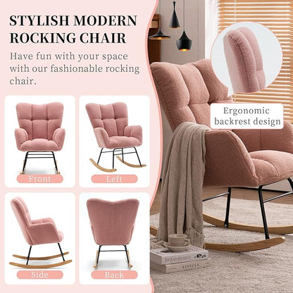 NIOIIKIT Nursery Rocking Chair Teddy Upholstered Glider Rocker Rocking Accent Chair Padded Seat with High Backrest Armchair Comfy Side Chair for Living Room Bedroom Offices (Pink Teddy)