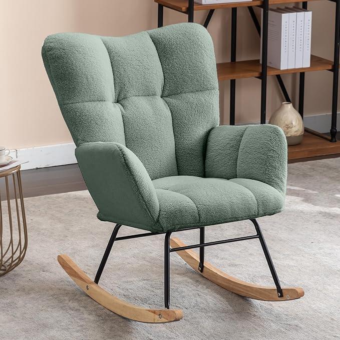 NIOIIKIT Nursery Rocking Chair Teddy Upholstered Glider Rocker Rocking Accent Chair Padded Seat with High Backrest Armchair Comfy Side Chair for Living Room Bedroom Offices (Olive Green)