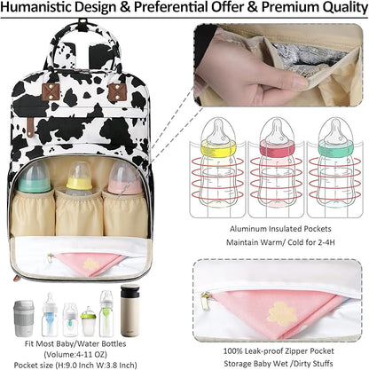 Large Capacity Baby Diaper Bag Backpack with Insulated Pockets, Waterproof, Stylish Cow Print Design, Suitable for Boys and Girls