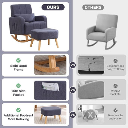 Rocking Chair with Ottoman, Upholstered Glider Rocker with High Backrest and Side Pocket, Comfy Reading Chair with Solid Wood Legs for Nursery, Living Room,Bedroom Dark Grey