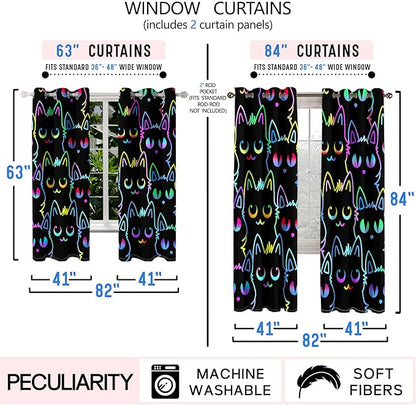 Cat Curtain Panels for Girls - 2Pcs Cat Blackout Curtains for Girls Bedroom, 82" W x 63" L