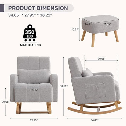 Rocking Chair with Ottoman, Upholstered Nursing Glider Rocker with High Backrest and Side Pocket, Comfy Reading Chair with Solid Wood Legs for Nursery/Living Room/Bedroom Light Grey