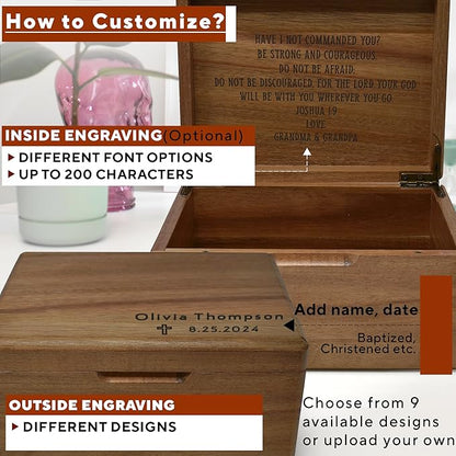 First Communion Personalized Gifts - Custom Engraved In Baptism Keepsake Box, Christening Storage Chest for Baby, Customized Baptism Gift for Girl, Personalized Confirmation Memory Box, 8x6x4 in