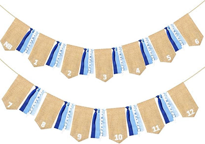 pinkblume 1st Birthday Burlap Photo Banner Garland Handmade Felt from Newborn to 12 Months with Gradient Blue Ribbon for Monthly Milestones Baby Boy First Birthday Party Decorations Supplies