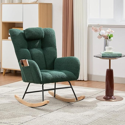 Nursery Rocking Chair,300Lb Glider Chair with Wood Legs/Two Side Pockets,Teddy Upholstered Glider Rocker with Padded Seat High Backrest for Living Room/Bedroom/Nursery