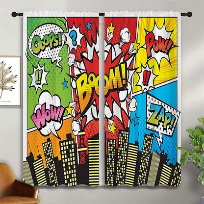 Superhero City Wars Explosion Rod Pocket Blackout Curtains for Boy Girl Bedroom, Colorful Comics Ar Thermal Insulated Home Window Drapes for Living Room Darkening, 42x45 inch