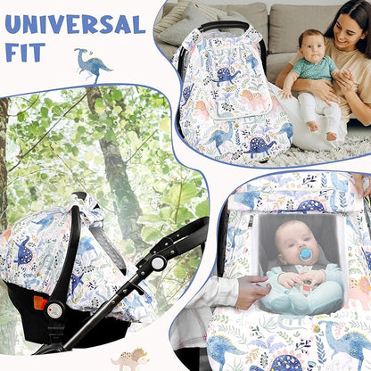 Pea Pod Car Seat Cover Baby Boy, Infant Car Seat Canopy Covers for Newborn with 2 Layers Windows of Breathable Mesh Fabric, Lightweight Polyester/Soft Minky Dot Backing