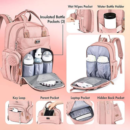 Dikaslon Diaper Bag Backpack with Portable Changing Pad, Pacifier Case and Stroller Straps, Large Unisex Baby Bags for Boys Girls, Multipurpose Travel Back Pack Moms Dads, Pink