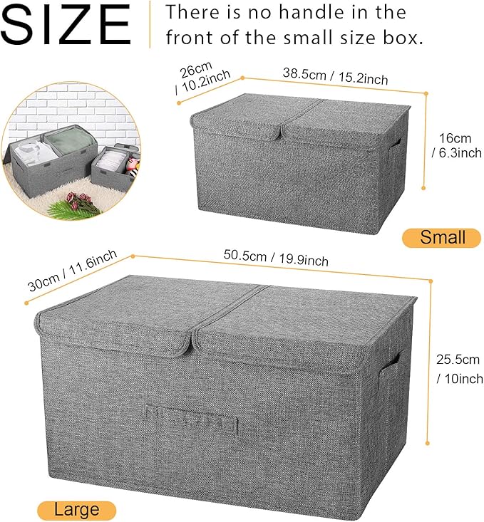 2 Pack Storage Boxes with Lids and Handles, Collapsible Linen Storage Bins Organizer Containers Baskets Cube with Removable Divider for Home Bedroom Closet Office (Khaki, Small)