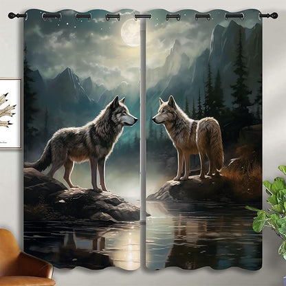 Wolf Blackout Curtains for Boys Girl Bedroom Decor,Moon Mountain Pine Forest Wild Animals Thermal Insulated Grommet Drapes Darkening Window Curtain for Living Room Home 55x63 inch