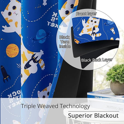 Kids Blackout Curtains - Space Cat Design, 100% Blackout, 2 Panels, Each W52×L84, Thermal Insulated Curtains for Bedroom, Noise Reducing, Combine Functionality with a Fun and Creative Design