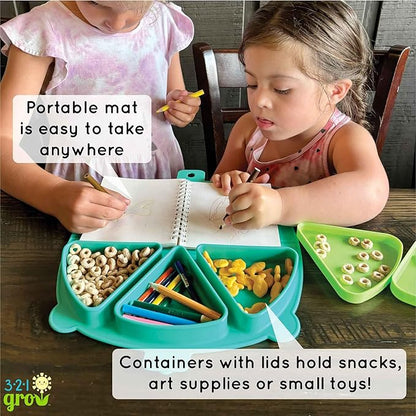 Silicone On-The-Go Snack Mat – Foldable Reusable Placemat with 3 Compartments and Lids – Travel-Friendly Baby and Toddler Snack Plate – Dishwasher Safe (Aqua)