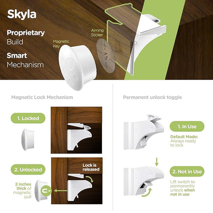 SKYLA HOMES Magnetic Cabinet Locks Baby Proofing Child Safety - The Safest Quickest and Easiest Multi-Purpose 3M Adhesive Child Proof Latches, No Screws or Tools Needed (4 Pack)