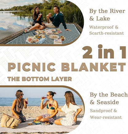 Genovega 2 in 1 Extra Large 80"* 80" Rug Picnic Waterproof Outdoor Beach Blanket Foldable Camping Mat Summer Camp Equipment Honeymoon Stuff Hawaii Essentials Hunting Accessories Car Set Women Gifts