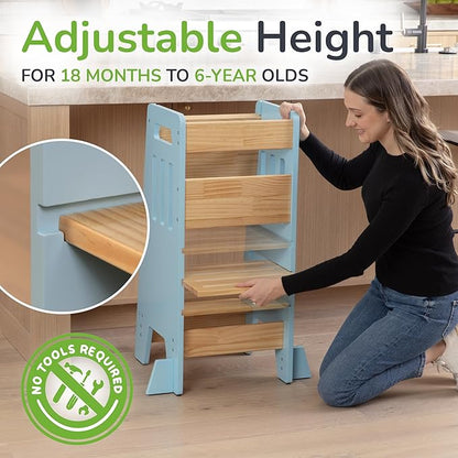 Toddler Tower with a Sliding Door and 3 Adjustable Heights - Complete Toddler Kitchen Stool Helper with Support Feet - Safe Design for 18+ Months to 6-Year-Old Kids - Blue
