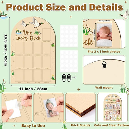 R HORSE 3D Mallard Duck 1st Birthday Wood Photo Display Board, One Lucky Duck Baby's First Year Picture Frame, 1-12 Months Milestone Board Birthday Decorations Keepsake Gift for Baby Nursery Decor