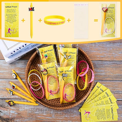 LiYiQ 72 Pcs Softball Party Favors Softball Team Gifts Softball Goodie Bags Stuffers Softball Ballpoint Pens Bookmark Card and Silicone Bracelet