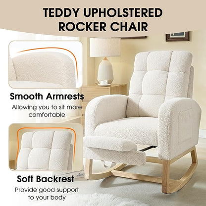 NIOIIKIT Modern Nursery Rocking Chair, Teddy Upholstered Rocking Chair with Footrest, Comfortable Rocker Chair with Side Pocket, Rocker Chair for Living Room, Bedroom, Nursing Room (White)