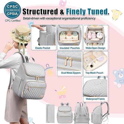 Weitars Diaper Bag Backpack Large Baby Diaper Bag with Changing Pad Travel Diaper Backpack,Baby Bag for Boys Girls,Stroller Straps,5 Insulated Pockets (Gray)