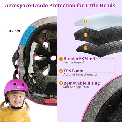 KAMUGO Kids Adjustable Helmet, with Sports Protective Gear Set Knee Elbow Wrist Pads for Toddler Age 2-8 Boys Girls, Bike Skateboard Hoverboard Scooter Rollerblading Helmet Set