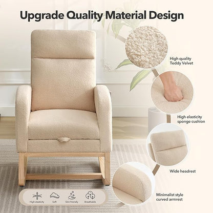 Rocking Chair Nursery, Nursing Rocking Chairs with Foot Rest for Mom Nursery, Rocker Glider Chair with High Backrest for Living Room, Bedroom, Upholstered Lounge Chair with Solid Wood Base for Relaxin