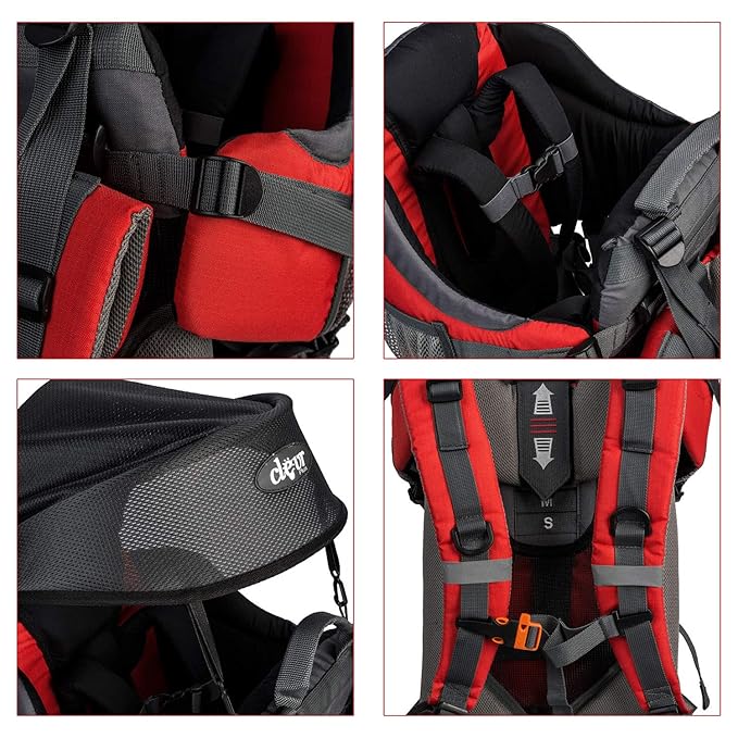 ClevrPlus Canyonero Camping Baby Backpack Hiking Kid Toddler Child Carrier with Stand and Sun Shade Visor, Red