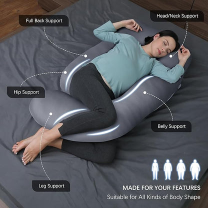 MOON PARK Pregnancy Pillows for Sleeping - U Shaped Full Body Maternity Pillow with Removable Cover - Support for Back, Legs, Belly, HIPS - 65 Inch - Dark Grey - Cooling Cover