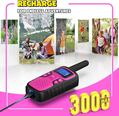 Wishouse Walkie Talkies for Kids Rechargeable Long Range,Xmas Birthday Gift for 4 5 6 7 8 9 Year Old Girls,Hiking Gear Camping Games Cool Toys with NOAA,SOS Siren,Lamp,Lanyards,Easy to Use,2 Pack