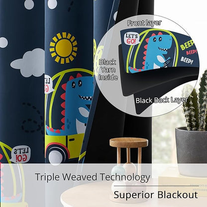 Kids Dinosaur Blackout Curtains - 2 Panels, Each W52*L96 with 100% Blackout, Thermal Insulated, and Noise Reducing, Perfect for Kids Room, Bedroom, Nursery