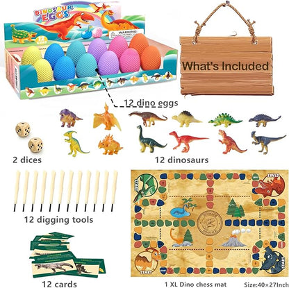 Dino Fossil Eggs Dinosaur Toys - 12 Dinosaur Eggs Dig Excavation Kit w Play Mat for Kids Ages 5-7 Easter Basket Essentials STEM Toy Christmas Birthday Gift for Boys Girls 3 4 5 6 7 8 + 8-13 Years Old