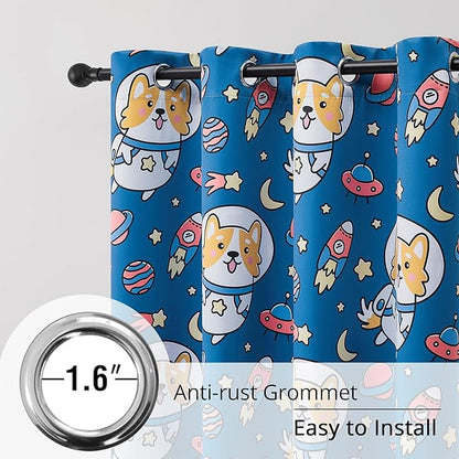 Kids Blackout Curtains - Space Dog Design, 100% Blackout, 2 Panels, Each W52×L84, Thermal Insulated, Noise Reducing & Energy Efficient for Kids Bedroom, Turn your child’s room into a fun adventure