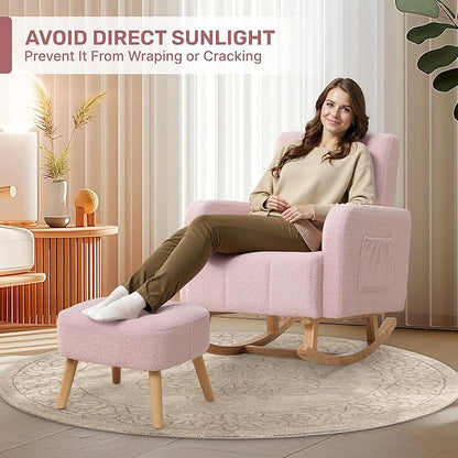 Rocking Chair with Ottoman, Upholstered Nursing Glider Rocker with High Backrest and Side Pocket, Comfy Reading Chair with Solid Wood Legs for Nursery/Living Room/Bedroom Pink