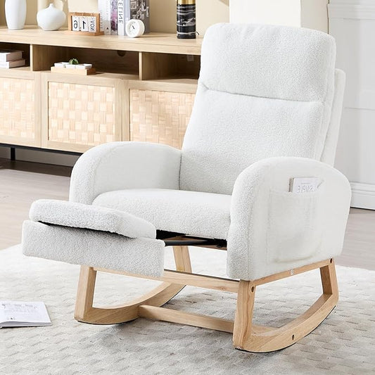 NIOIIKIT Oversized Nursery Rocking Chair, Teddy Upholstered Glider Chair with Footrest, Large Glider Rocker with Side Pocket, Rocking Accent Chair, Glider Recliner for Living Room (White Teddy)